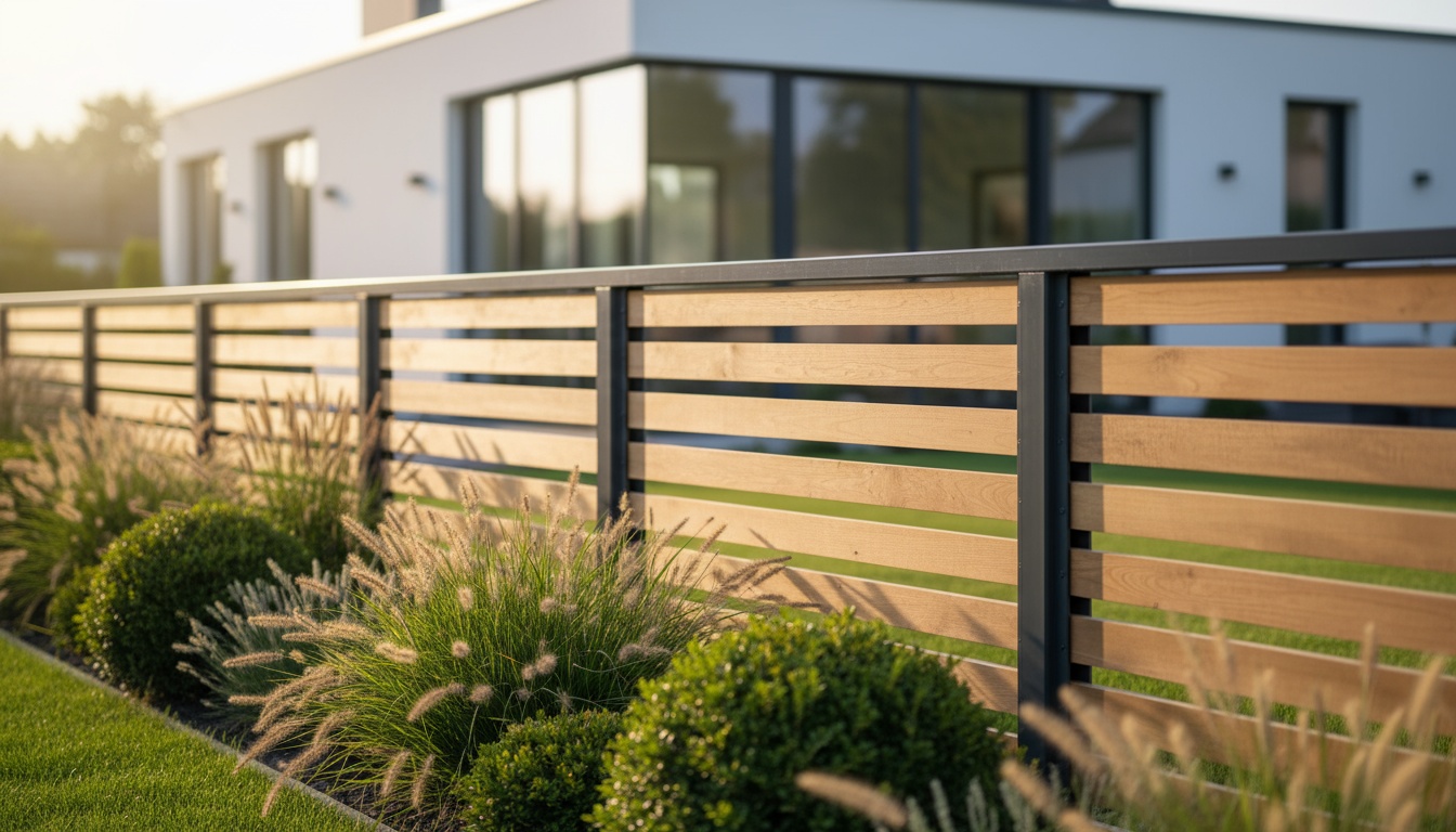 Sichtschutz Garten: anthrazitfarbener moderner Zaun mit Holzakzenten, Haus und gepflegtem Garten in goldener Stunde