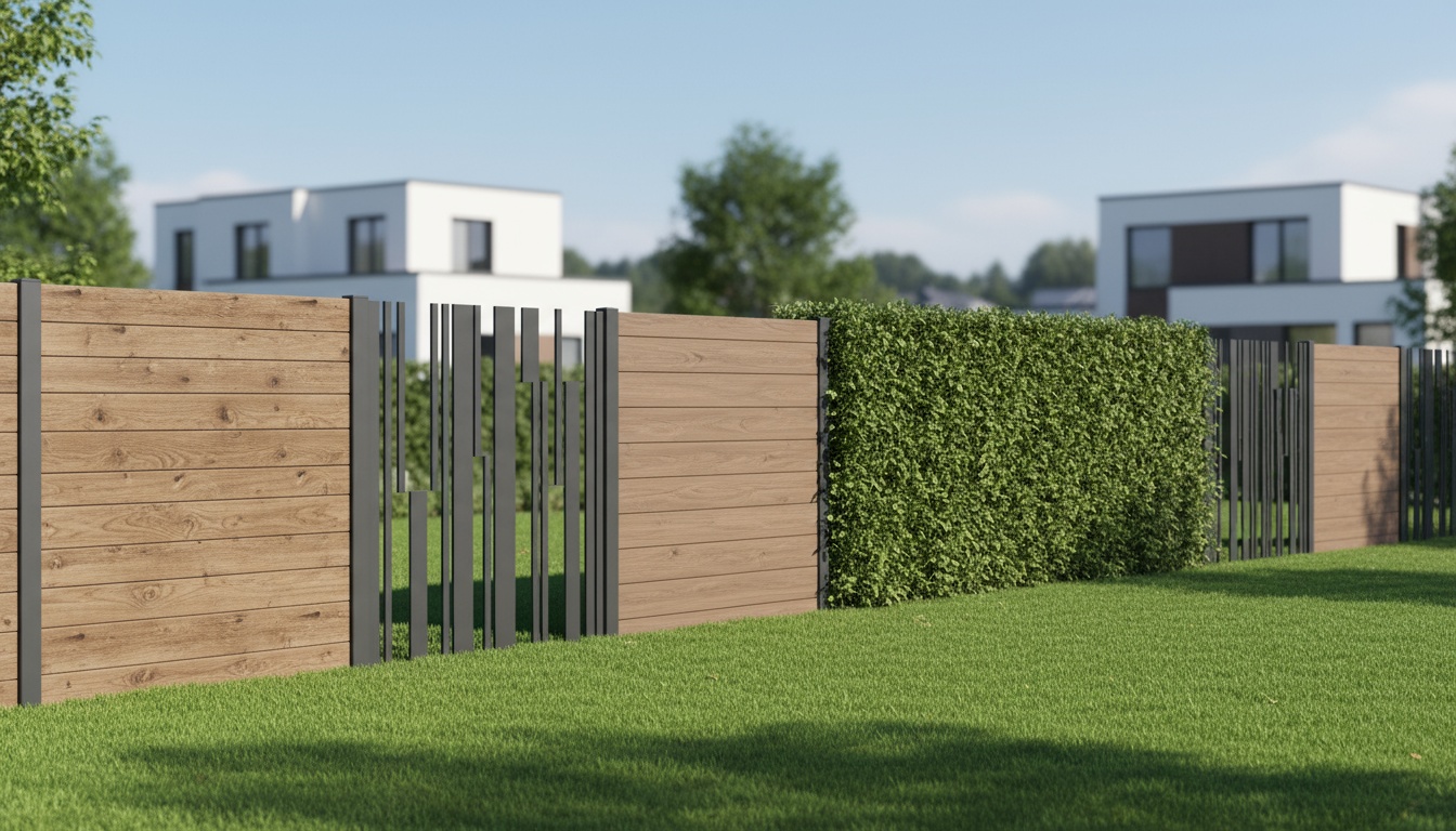 Verschiedene Sichtschutz Garten-Lösungen nebeneinander: Holzpaneele, Metall-Screens, WPC und grüne Hecke