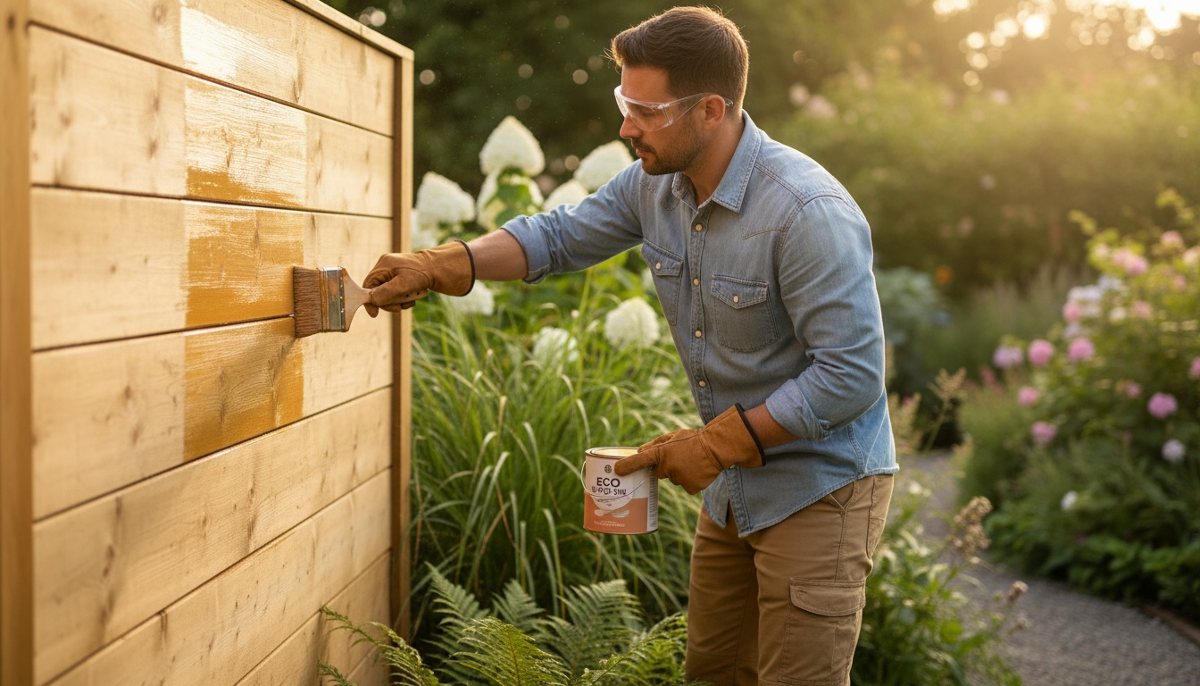 Person streicht Holzzaun mit Schutzlasur im sonnigen Garten, Sichtschutz Garten, Schutzkleidung sichtbar, hochauflösend.