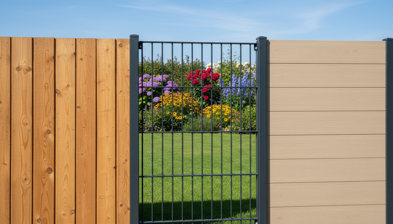 Professionelle Gartenaufnahme: Sichtschutz Garten mit Holz-, Metall- und WPC-Zäunen, realistische Texturen bei hellem Tageslicht