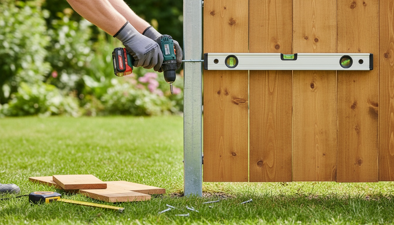 Hände montieren Holzzaun zwischen Metallpfosten mit Bohrmaschine und Wasserwaage, Sichtschutz Garten Nahaufnahme