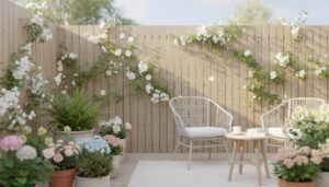 Moderner weißer Sichtschutz im Garten aus Holz, Kletterpflanzen, pastellige Blumen und sanftes Morgenlicht.