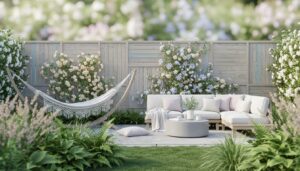 Sichtschutz Garten: Skandinavischer Holz-Zaun mit pastellfarbenen Kletterpflanzen, Morgenlicht und Bokeh-Effekt